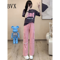 BVX运动服套装女夏季2023新款韩版宽松洋气短袖T恤工装裤时尚两件套 粉色 S