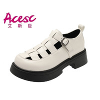 艾斯臣（ACESC） 厚底凉鞋女2023新款夏季粗跟包头编制罗马鞋镂空一脚蹬小皮鞋 白色 35