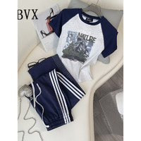 BVX网红炸街休闲套装女夏季新款小个子洋气时尚短袖阔腿裤运动两件套 藏蓝色 XXL