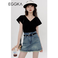EGGKA 黑色v领短袖T恤女修身夏季2023年新款设计感小众上衣 黑色 均码