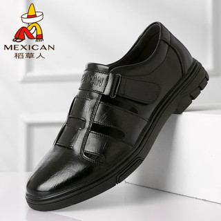稻草人（MEXICAN）商务休闲鞋男士镂空凉牛皮鞋男正装鞋罗马鞋 D606 黑色 40
