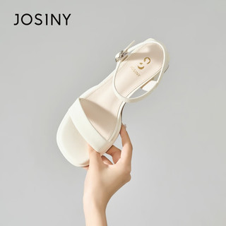 卓诗尼（Josiny）凉鞋女粗跟中跟一字带2023夏季新款时尚气质简约经典 米白色 37标准码
