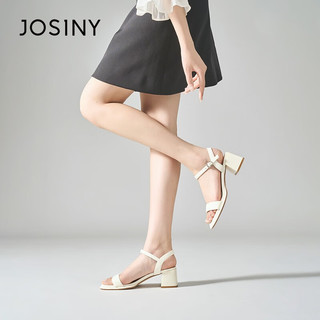 卓诗尼（Josiny）凉鞋女粗跟中跟一字带2023夏季新款时尚气质简约经典 米白色 37标准码