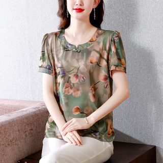 艾米恋2023年夏装衬衫短袖宽松时尚印花雪纺衫 绿色 3XL
