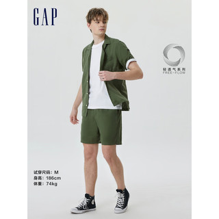 Gap男装夏季新款度假风轻薄棉麻短袖衬衫585744 绿色 185/108A(XL)