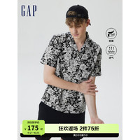 Gap男装夏季新款度假风轻薄棉麻短袖衬衫585744 黑色白底印花 180/96A(M)