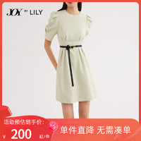 LILY 2021夏新款女装气质款纯色斜纹收腰泡泡袖A字圆领连衣裙