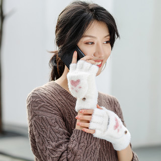 翻盖露指手套女冬天萌可爱韩版卡通半指针织毛线加绒冬季学生保暖 卡通奶白色 均码