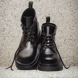 男潮鞋冬季新款厚底复古马丁靴中帮英伦风工装靴子高帮黑色皮鞋子