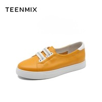 TEENMIX 天美意 2019春新款商场同款黄色牛皮革女皮鞋板鞋6W705AQ9