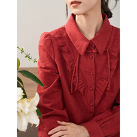 YINMAN 茵曼 小众设计感复古红色提花肌理泡泡袖百搭衬衣气质上衣18316146
