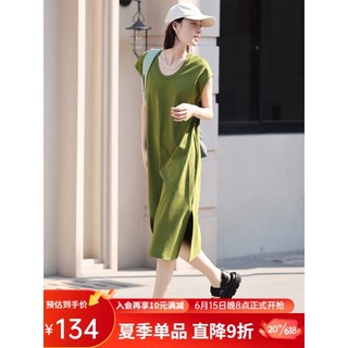 dme·kids 德玛纳 dme）法式连衣裙2023新款女装夏气质显瘦小众感小个子长裙子 茶绿色 S