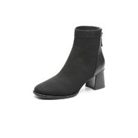 Tata秋冬商场同款时尚拼接休闲通勤瘦瘦靴方跟圆头时装靴女靴 36 黑色