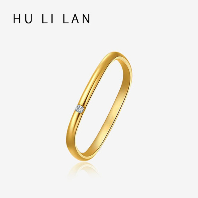 HU LI LAN 湖丽兰 小方戒女素圈925银莫桑石戒指金色光面小钻方形食指戒简约