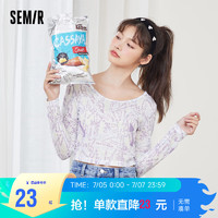 Semir 森马 打底衫女时尚满版印花BM风网纱长袖t恤ins潮打底衫上衣105421171003紫绿色调M