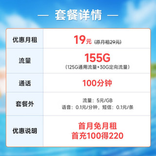 中国电信 阳光卡 19元月租（155G全国流量+100分钟通话+流量通话