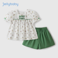 jellybaby 杰里贝比 幼童短袖短裤两件套童装女孩森系衣服宝宝夏装女童套装 绿色 80cm
