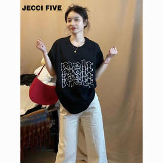 JECCI FIVE 杰西伍 JECCIFIVE重磅100%纯棉美式短袖T恤女男宽松国潮牌高街半袖上衣服