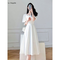 La Chapelle LA晚礼服女2022新款高端气质显瘦小香风神范方领子收腰白色初恋超仙长裙 白色 XXS