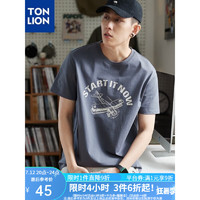 TONLION 唐狮 2023夏季新款短袖t恤男潮美式复古印花短袖港风 墨蓝 L