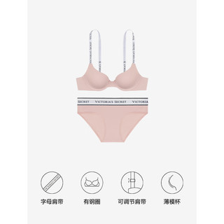 维多利亚的秘密（Victoria's Secret）明星同款 经典logo字母聚拢文胸有钢圈女士胸罩内裤套装 3SOH裸粉色-薄 34B+S