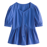 气质领结方领短袖衬衫女2023夏季新款泡泡袖通勤纯棉衬衣上衣 XL 宝石蓝
