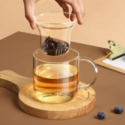 RELEA 物生物 玻璃泡茶杯茶水分离家用中式夏季花茶杯耐热带盖透明水杯子