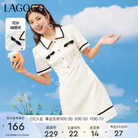 Lagogo拉谷谷2023春新款米白色高腰A字短袖连衣裙女修身小众气质