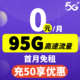 中国电信 小葫芦卡 0元月租（95G高速流量流量+激活返现30红包+长期流量）