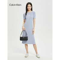 Calvin Klein Jeans夏季女士时尚系绳领字母开衩中长款短袖连衣裙J219675 DBT-蓝色 M