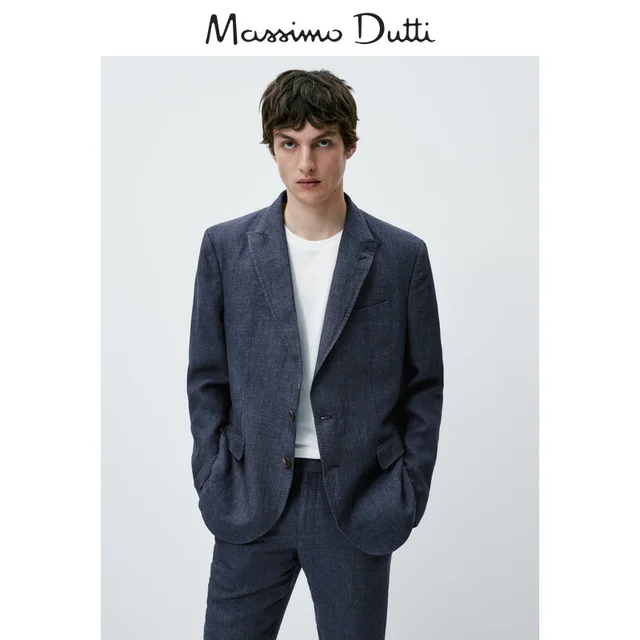春夏折扣 Massimo Dutti男装 2023夏季新款 舒适亚麻千鸟格纹休闲西装外套 02069110400