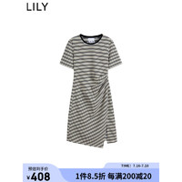LILY 2023夏新款时髦开叉修身显瘦条纹短袖连衣裙 603本白 S