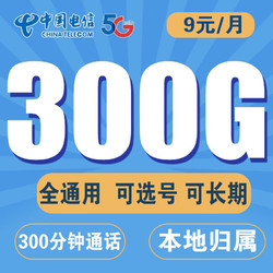 CHINA TELECOM 中国电信 流量卡不限速星卡超大流量电话卡手机卡大通用无线纯流量卡4g5g电信流量卡 神龙丨9元300通用流量300分钟-可选号-选归属