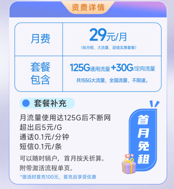 CHINA TELECOM 中国电信 电话卡 29元月租（125G通用流量+30G定向流量）激活送30话费