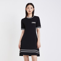 春装撞色条纹金属装饰a字短袖针织连衣裙女 L 黑色