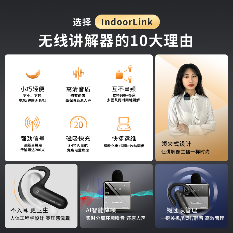IndoorLink讲解器领夹式导游一对多政企接待博物馆无线讲解器设备