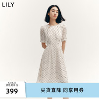 LILY 2023秋新款女装时尚复古波点纯色短袖显瘦高腰度假风连衣裙
