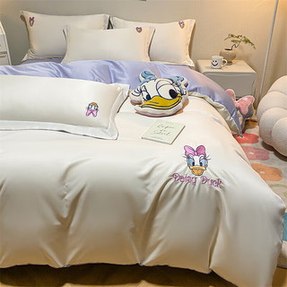 Disney迪士尼卡通水洗冰丝拼色四件套夏季双拼色被套床单被罩 黛西-奶昔白+星代紫 1.5m床笠款四件套[被套200*230