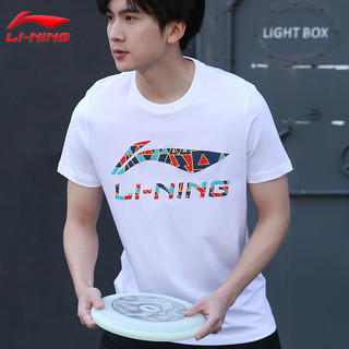 李宁（LI-NING）短袖男2023春夏新款潮流印花情侣款半袖宽松休闲透气棉质运动t恤 白色-彩标（多数客户选择） L/175（130-145斤）