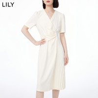 LILY 2023秋新款女装温柔气质通勤高腰小白裙设计感垂坠V领连衣裙