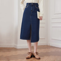 复古牛仔半身裙2023夏季新款小个子开叉A字裙 L 深牛仔蓝