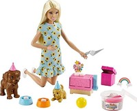 Barbie 芭比 GXV75 娃娃和小狗派对玩具套装 带小狗 橡皮泥和蛋糕形状 适合 3 至 7 岁儿童