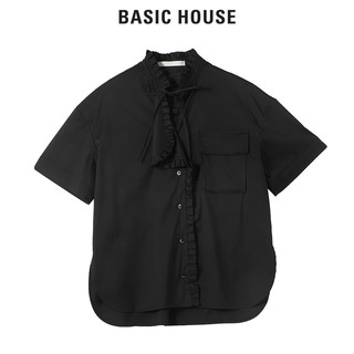 Basic House/百家好夏新款韩风不规则领口黑色衬衫女HVWS321D 160/S/090 黑色