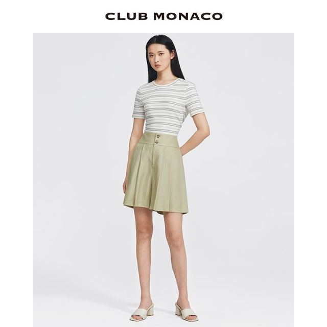 CLUB MONACO 摩纳哥会馆 女装亚麻混纺透气高腰褶裥气质休闲阔腿短裤