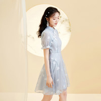 旗袍改良年轻款日常国风裙子泡泡袖甜美连衣裙 S 蓝色