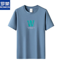罗蒙（ROMON）品牌2022年夏季新款圆领印花T恤韩版修身纯棉运动打底衫男装体恤 3305雾蓝 XL