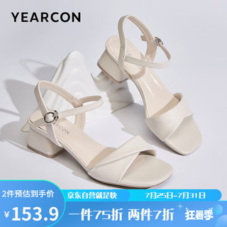 YEARCON 意尔康 女鞋一字带粗跟高跟鞋透气时尚凉鞋26442W 米白 35