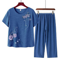 花陌田印花民族风短袖妈妈装夏季套装女 蓝色 4XL建议(135-150斤)