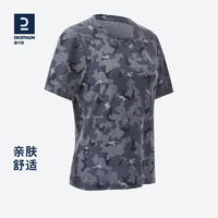 迪卡侬 t恤女短袖2021年新款短款上衣情侣装休闲百搭打底衫OVH 165/84Y/XS 黑灰迷彩