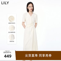 LILY 2023秋新款女装温柔气质通勤高腰小白裙设计感垂坠V领连衣裙